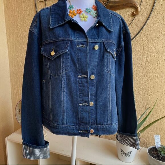 REBECCA MINKOFF DARK WASH DENIM JACKET WITH RHINESTONE EMBELLISHED CUFFS XL NWT - Picture 10 of 16